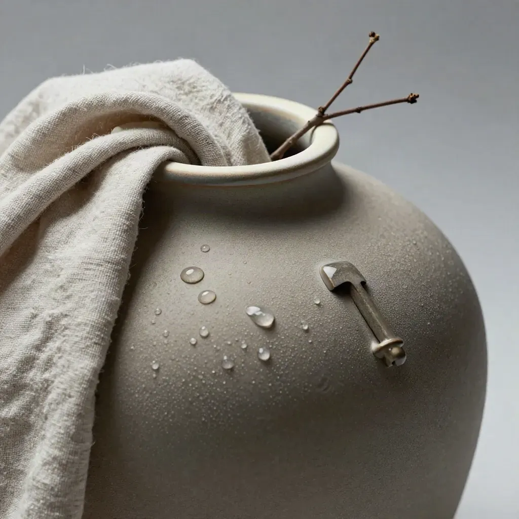 Vaso in ceramica sabbia su pietra bagnata con rami secchi e lino, macro radente.