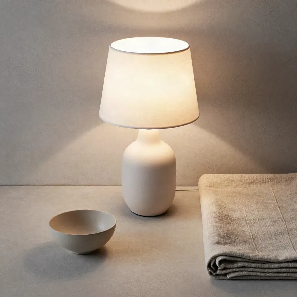 Lampada tavolo Seta dall'alto con lino piegato e ciotola in ceramica su pietra chiara.