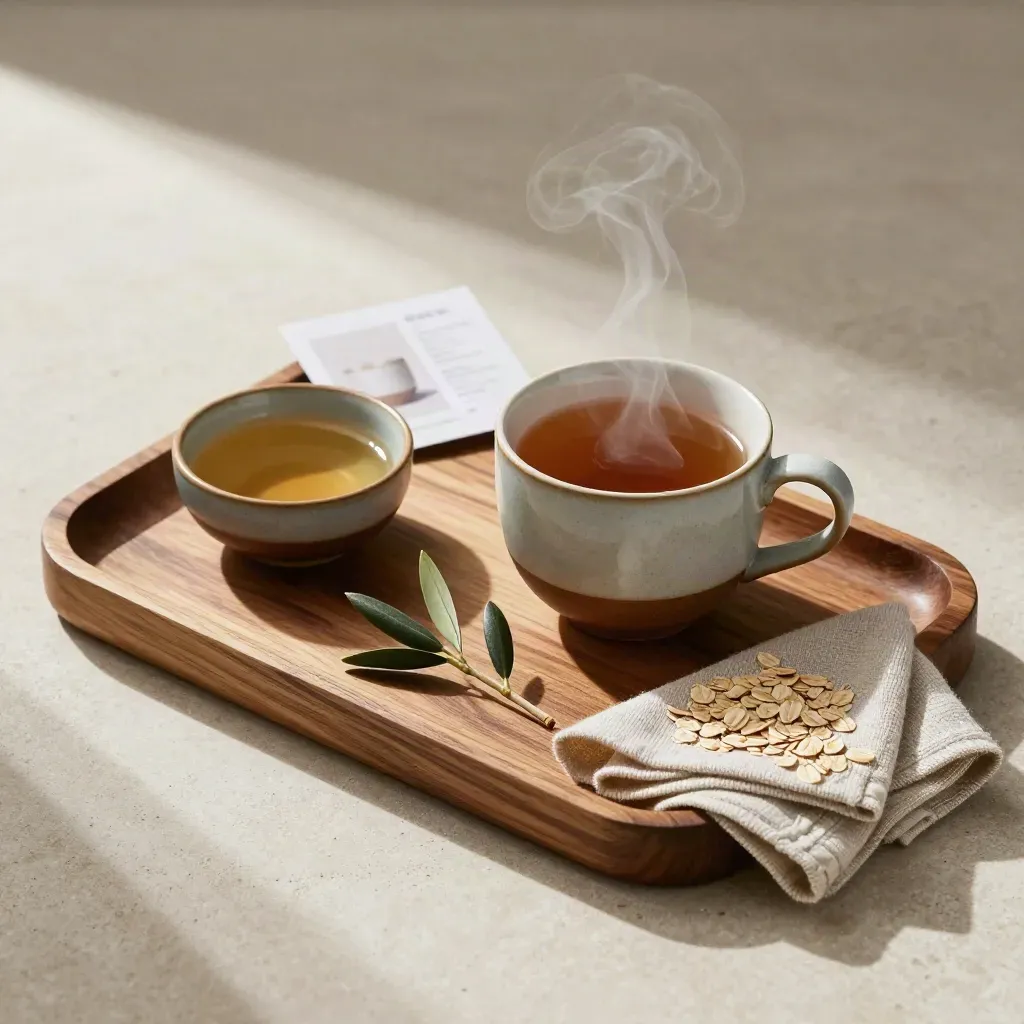 Flatlay del vassoio Nodo con tazza, ciotolina, canovaccio e ramoscello d’olivo su pietra chiara.
