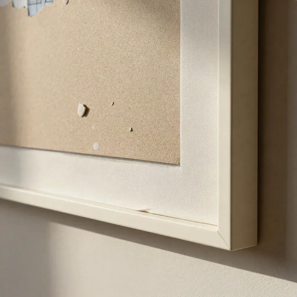 Quadro sabbia con cornice sottile su parete d’intonaco chiaro, con ombre radenti e frammenti ceramici.