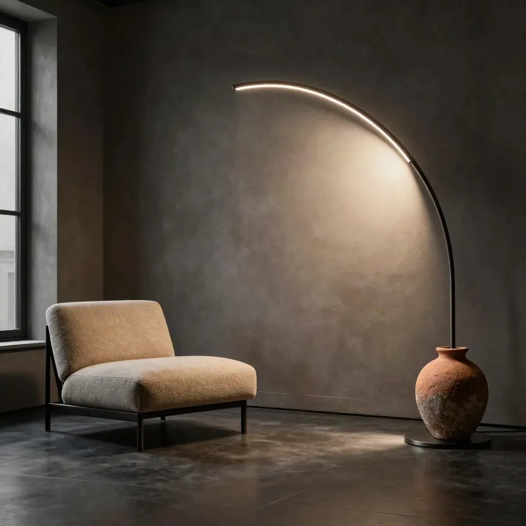 Lampada ad arco scura in salotto minimale con sedia bassa e vaso in pietra, luce drammatica