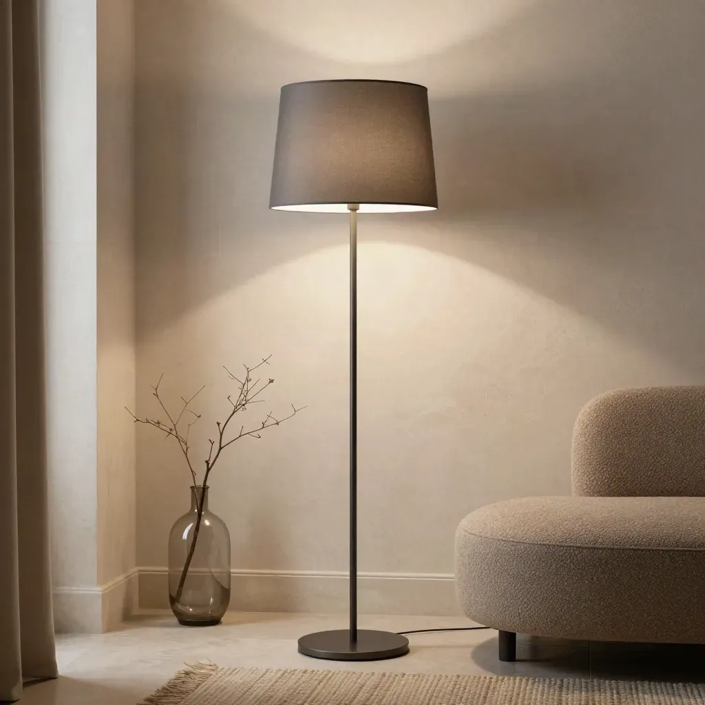 Lampada da terra nera con chaise bassa, vaso e tappeto in un angolo di travertino.