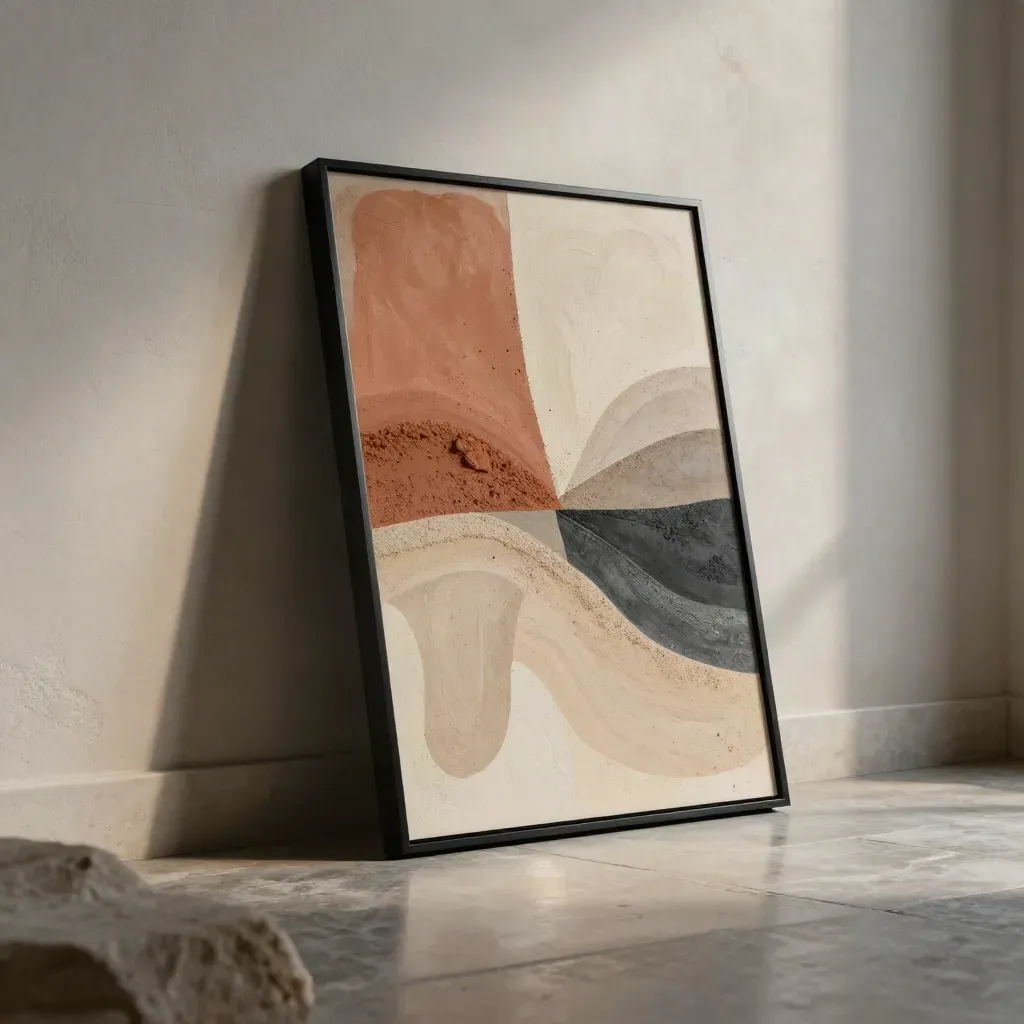 Quadro astratto terra con cornice nera appoggiato a muro e pavimento in pietra, ombra teatrale.