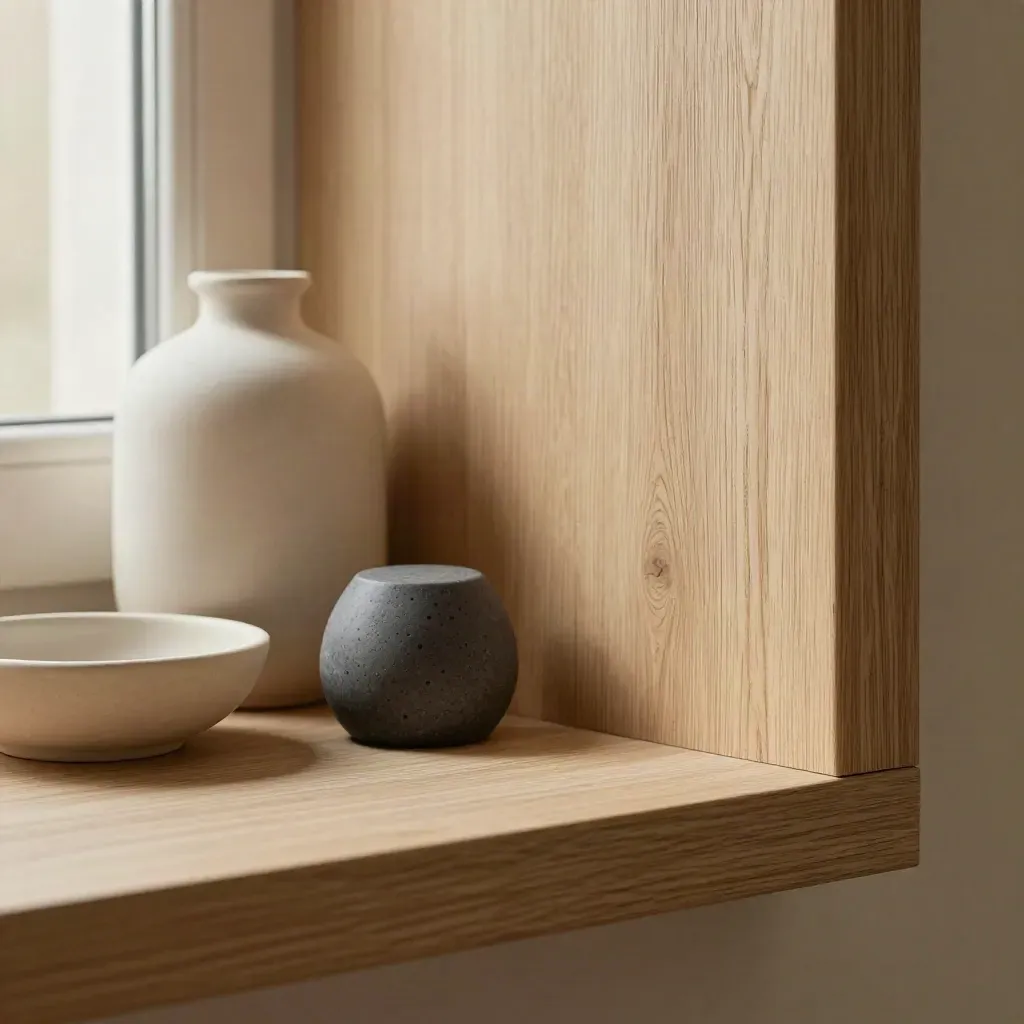 Mensola angolo in legno chiaro con vaso, ciotola e oggetto grafite in un angolo stretto.