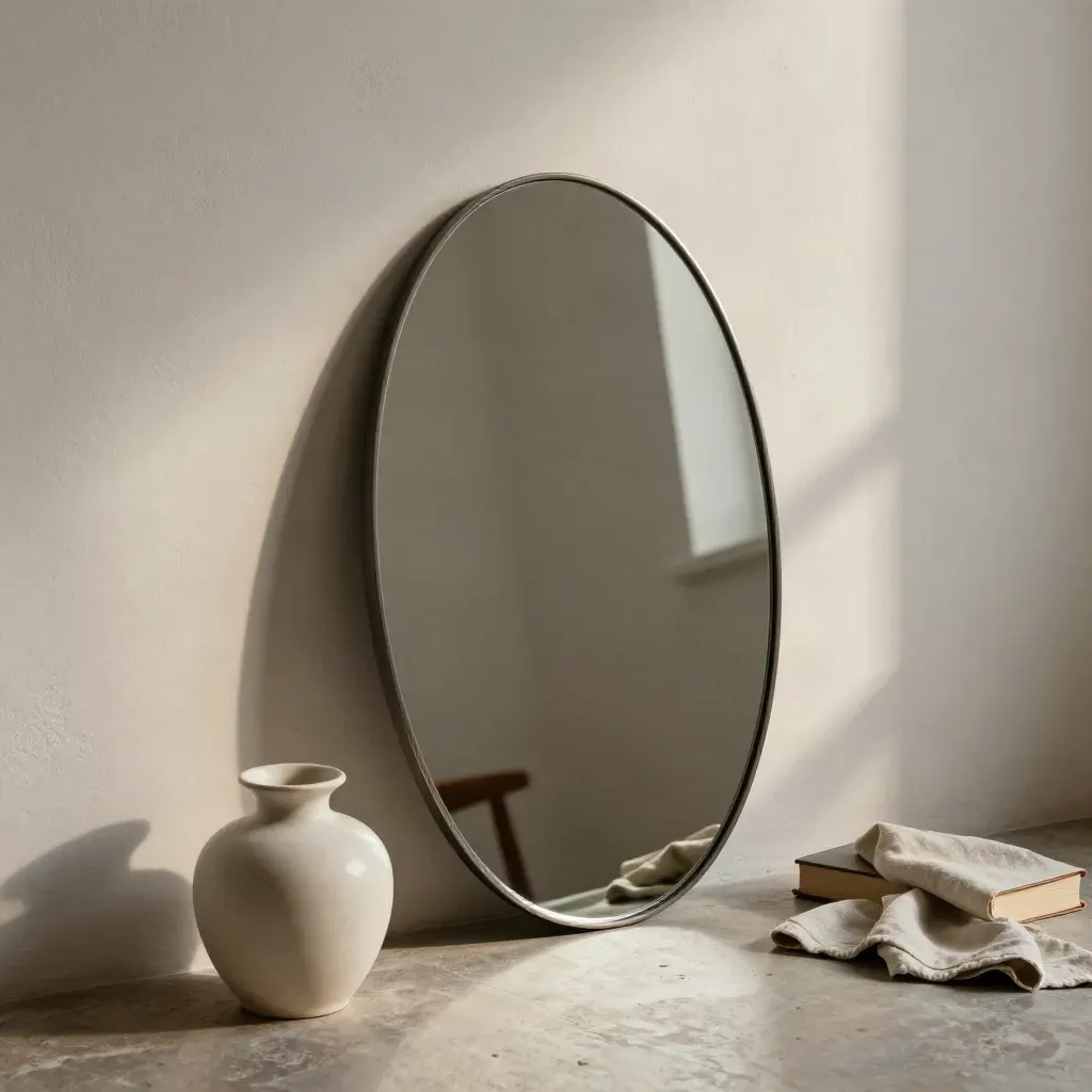 Specchio ovale con cornice sottile, vaso basso e libro chiuso su parete d'intonaco chiaro