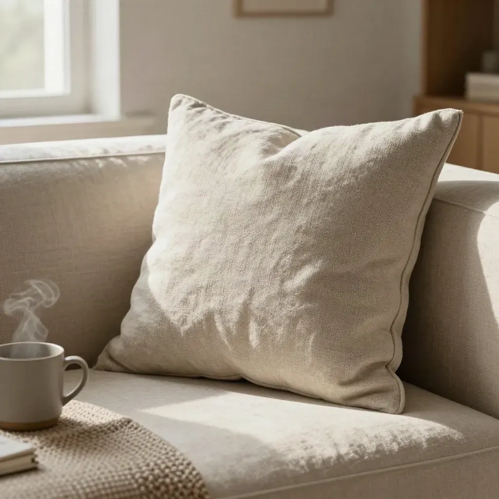 Cuscino in lino salvia su divano chiaro con plaid grezzo e tazza fumante