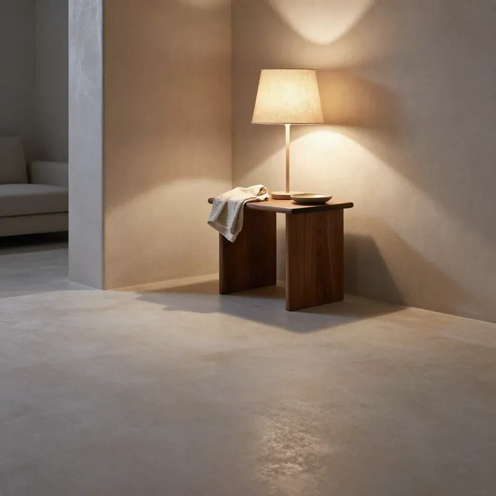 Salotto in stucco con lampada accesa, tavolino in noce e spazio calmo per il testo.